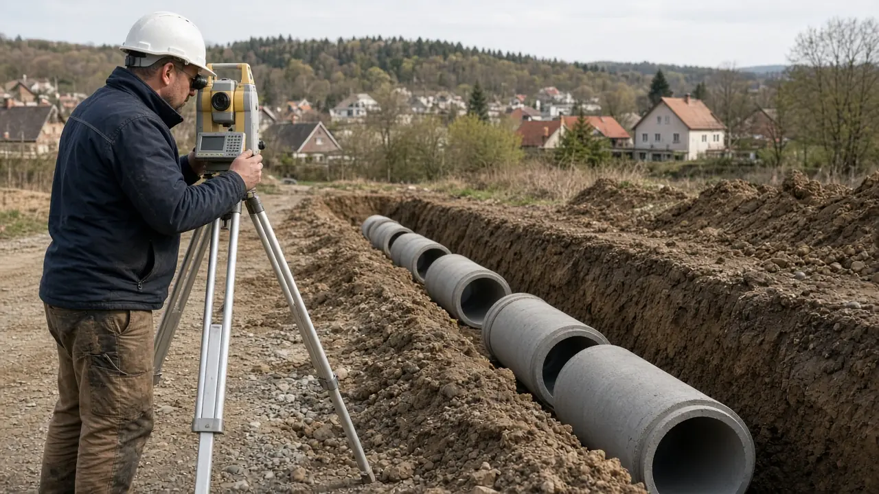 Boru hattı kazısı boyunca total station ile yapılan altyapı ölçümü